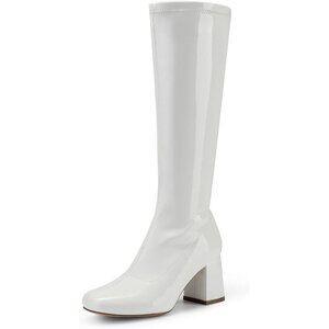 🆕WomenWhite Patent PU Faux Leather Gogo Boots Square Toe Chunky Heel Disco Fall